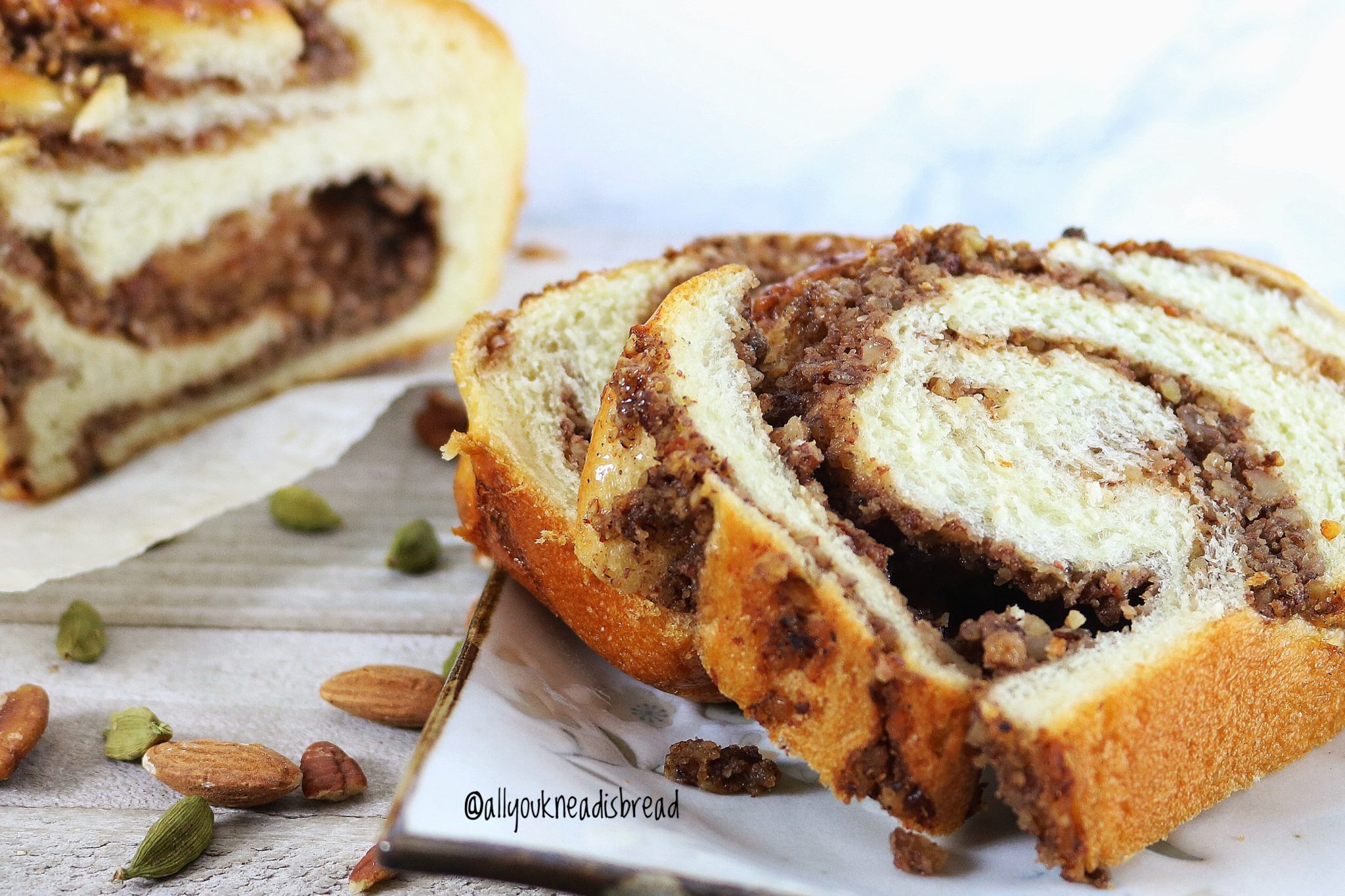 babka with cardamom and nuts filling delicious bread